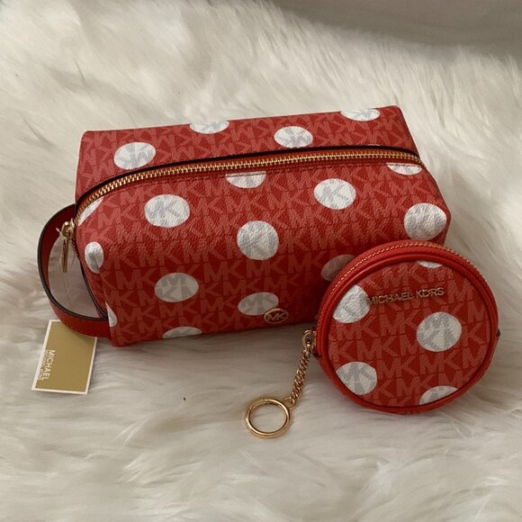 MICHAEL KORS Jet Set Medium Polka Dot Signature Travel Case & Round Pouch SET - Picture 1 of 7